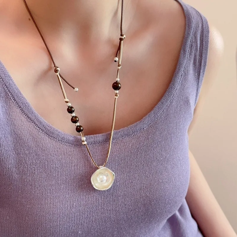 Double Layer Imitation Pearl Pendant Necklace with Adjustable Rope Chain