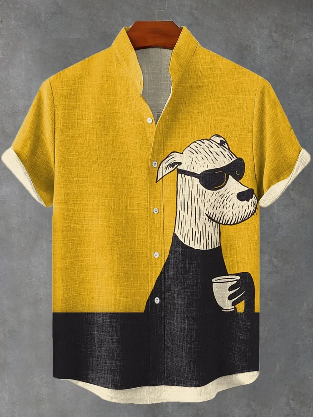 

Men's Fashionable Stand up Collar Animal Print Linen Short Sleeved Button up Shirt Casual Vacation Wedding Cardigan