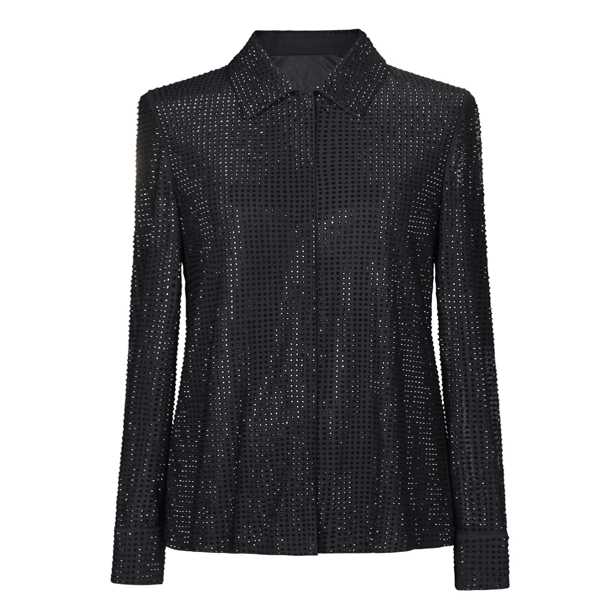 S-XL High Quality Fashionable Luxury Mesh Full body Water Diamond Sparkling Polo Neck Long Sleeve Fit Shirt Women's Top