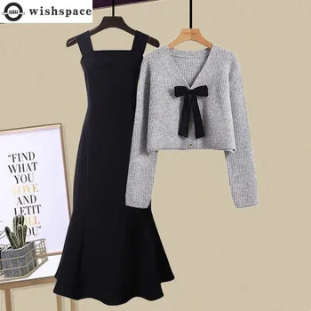 ชุดเสื้อคาร์ดิแกนถักสลิมมิ่งผู้หญิงชุดสองชิ้นกระโปรงหางปลาอเนกประสงค์ฤดูใบไม้ผลิและแฟชั่นแบบใหม่ในฤดูใบไม้ร่วง
