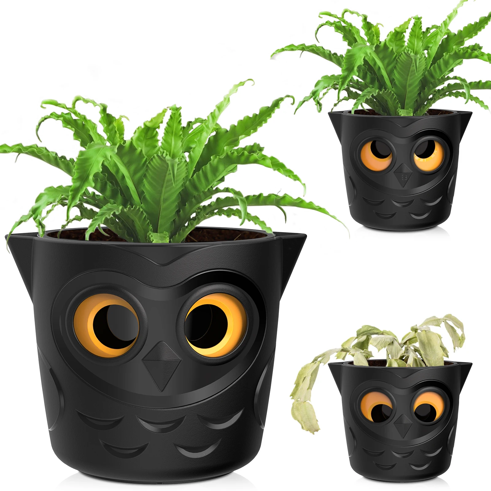 

3 Pack Plant Pots, 5” Self Watering Planters for Indoor Plants, Plastic Flower Pots with Owl Eye Water Level Indicator