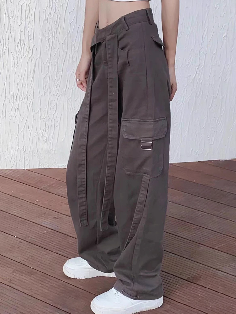 Yermora cintura alta cinza bandagem bolso fita calças de perna larga para mulheres solto ajuste novas calças moda primavera outono 2025 a796