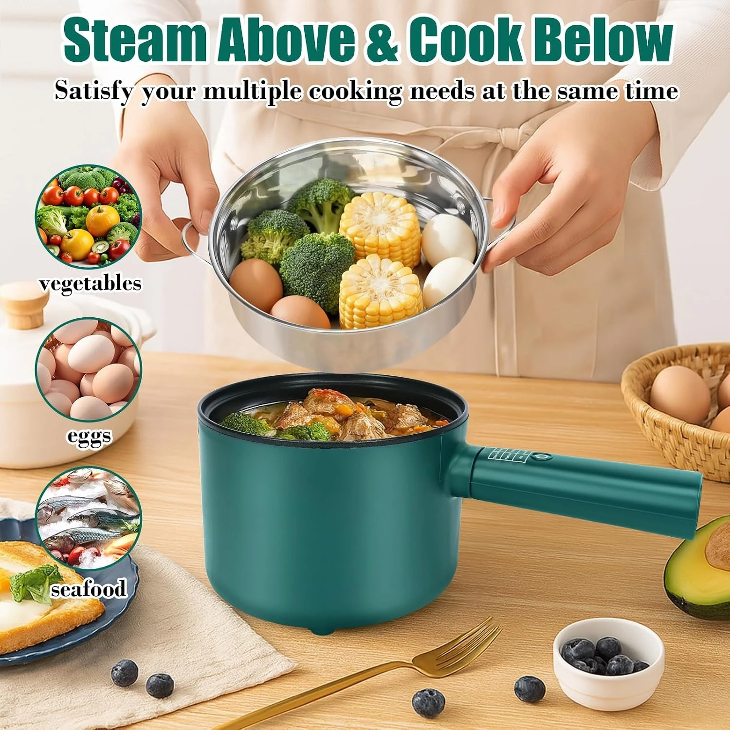 2026 New Upgrade Hot Pot Electric With Steamer,6 Smart Modes, 1.8L Ramen Cooker, Portable Cooker, Non-Stick Frying Pan, Sauté Pa