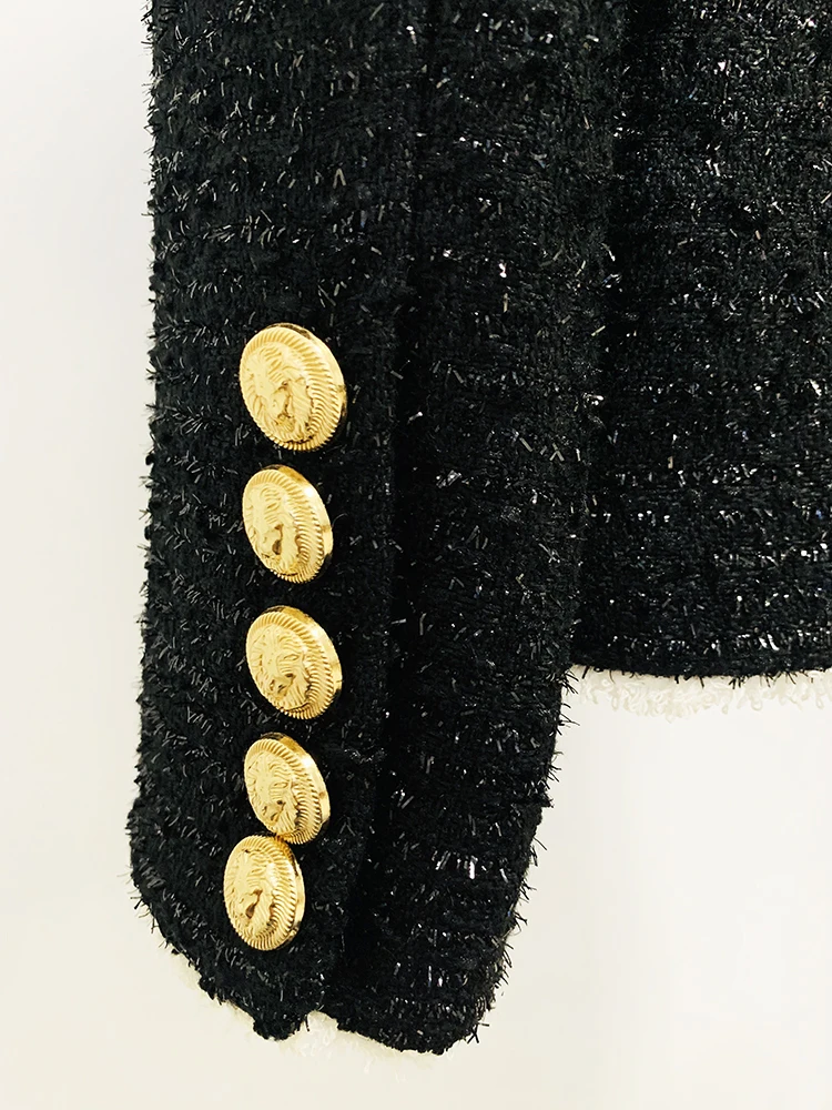 HIGH STREET Newest Fashion 2024 Designer Jacket Women\'s Slim Fitting Lion Buttons Contrast Color Fringed Tweed Blazer