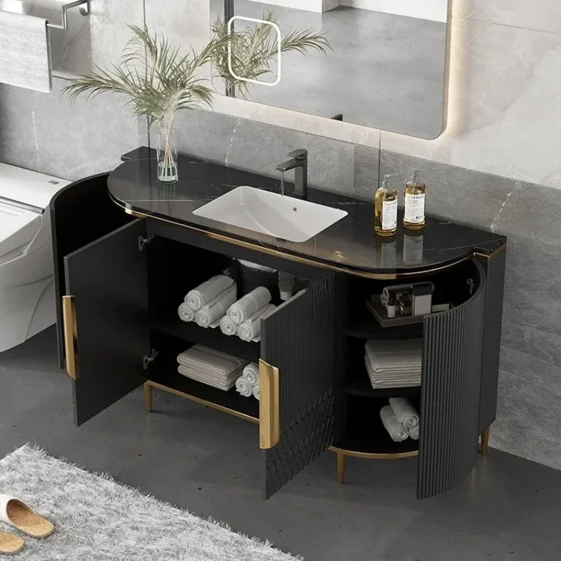 Light Luxury Bathroom Cabinet Solid Wood Modern Minimalist Floor Bathroom Wash Basin Cabinet Combination