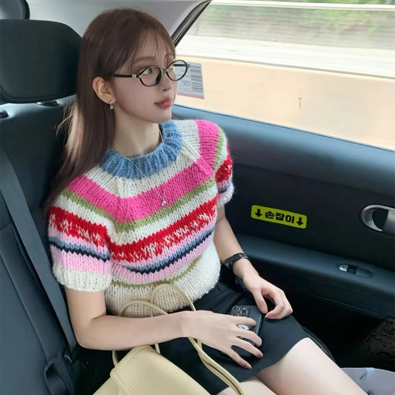 

Chic Autumnal Vintage Knitted Loose Women's Sweater ort Sve Striped Heavyweight Faionable Versatile Fem Top