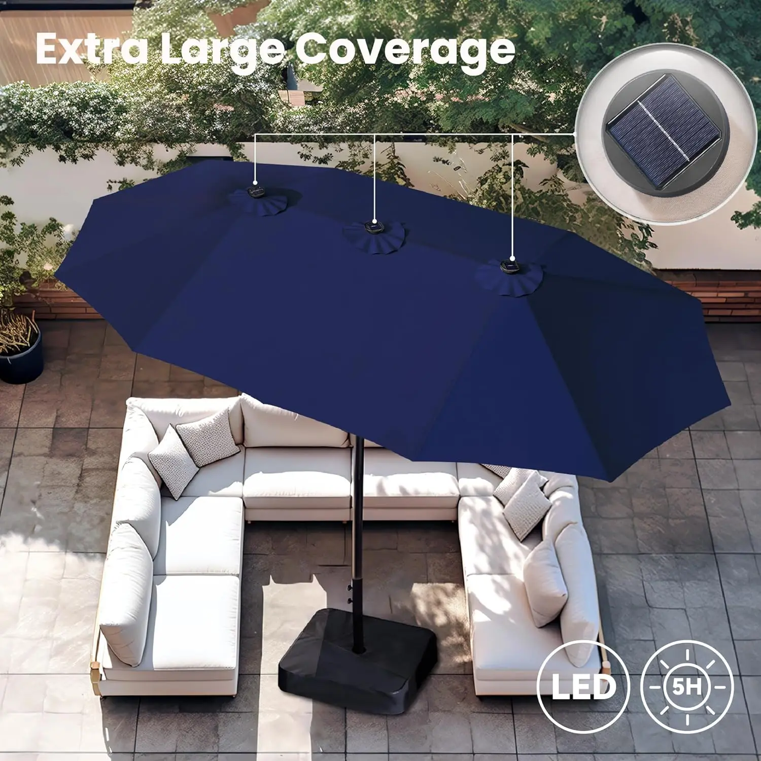 PHI VILLA 15ft Large Patio Umbrella with Solar Lights, Double-Sided Outdoor Market Rectangle Umbrellas with 36 LED Lights,