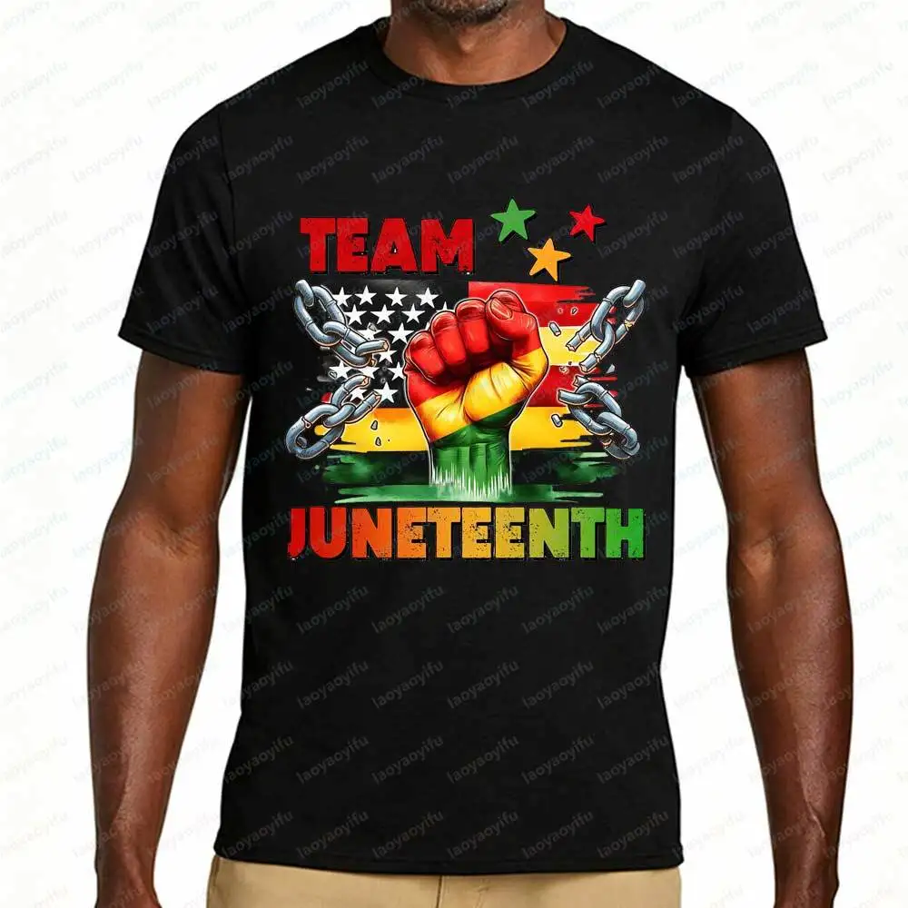 Juneteenth Team Black Power Fist Chain T-Shirt for Men Women African American Pride US Flag Graphic Tee Short Sleeve Cotton Tops