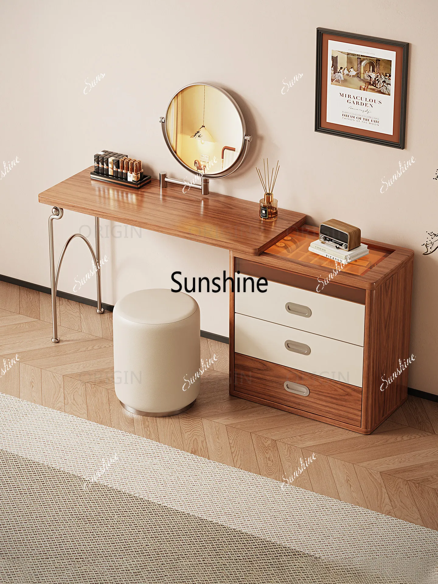 Medieval style pure solid wood dresser L-shaped retractable small apartment bedroom simple storage