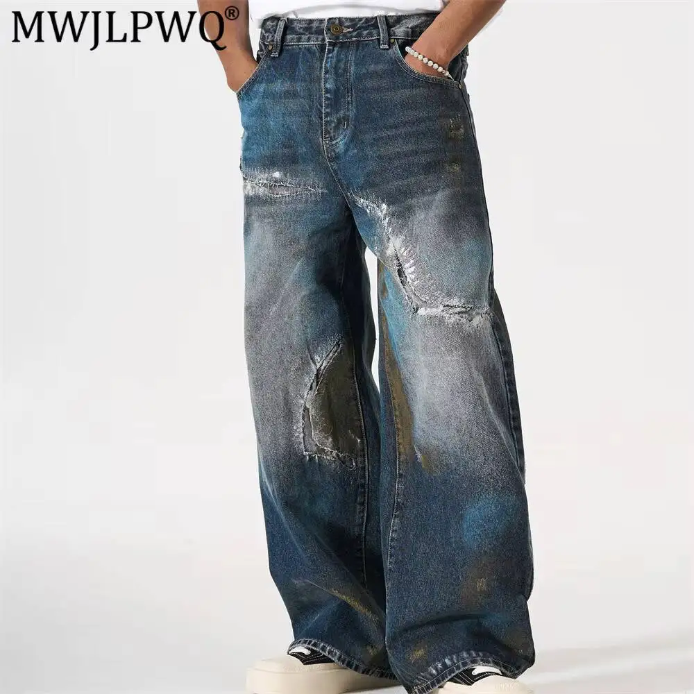 MWJLPWQ Ripped Patched Jeans For Men Punk Style Distressed Graffiti Splatter Paint Niche Loose Straight Wide-Leg Pants 17307