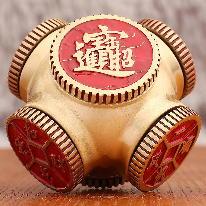 Brass Red Oil Small Six-Sided Rotating Tool for Prosperity and Peace, Creative Rotatable Handle Piece