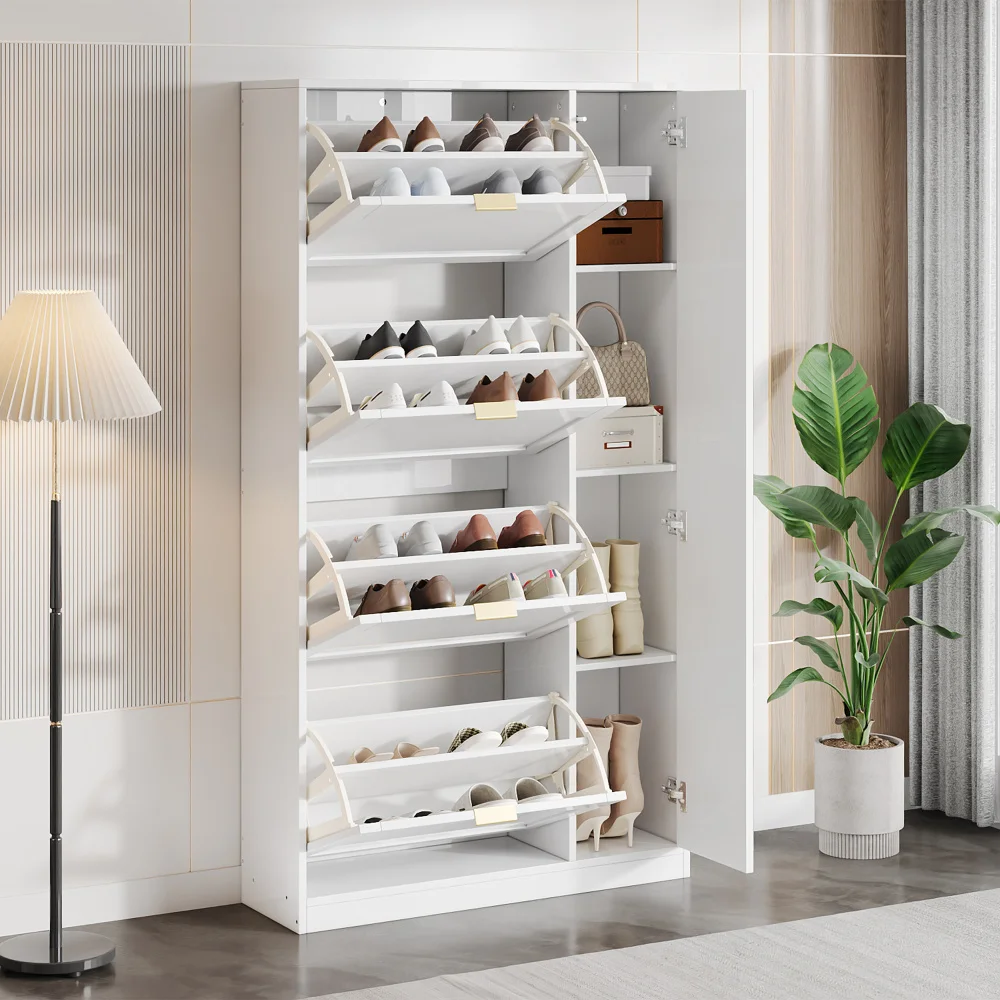 Moderner Schuhschrank mit Spiegel, 4 klappbare Aufbewahrungsfächer, verstellbares Regal hinter dem rechten Spiegel, ideal für den Flur – Detail 1