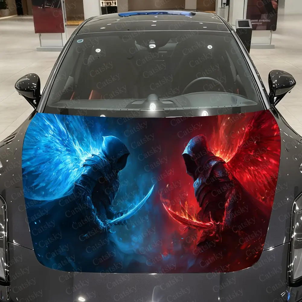 

Cold Flame and Blazing Armor Knight Car Vinyl Wrap, PVC Material Waterproof Car Hood Sticker, Self-Adhesive Scratch-Resistant St