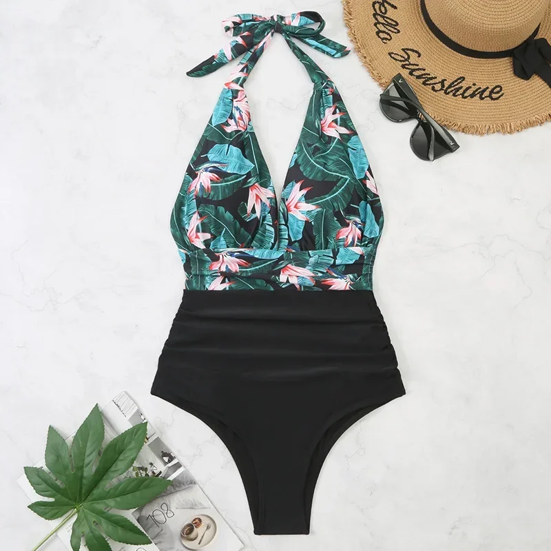 Fashion Printed One Piece Swimsuit Women Bathing Suit Sexy Bikinis Swimming Suits Ladies Beachwear Backless Lace Up Swimwear