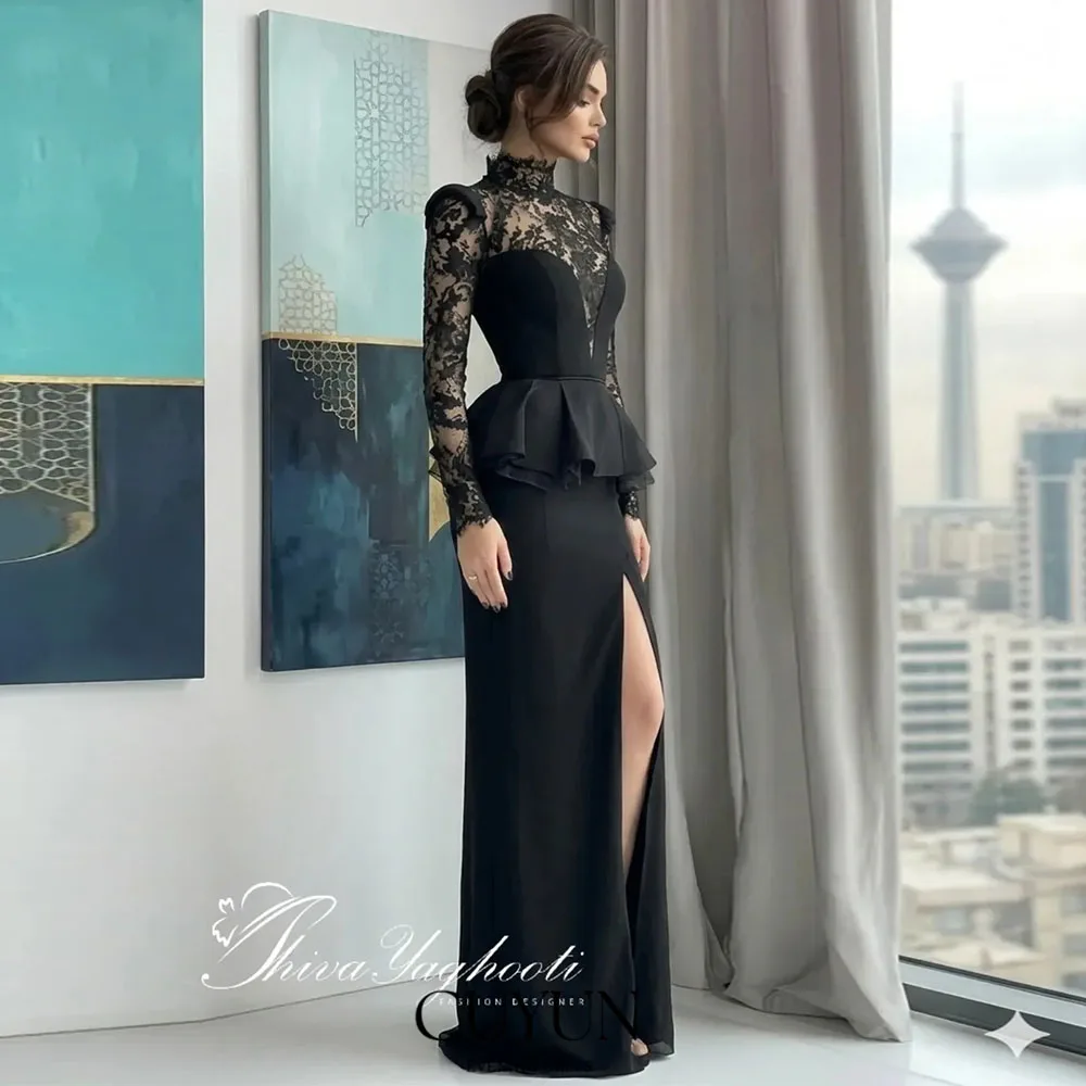 

CUYUN Customized Modest Women Evening Gown Lace High Collar Long Sleeves Formal Event Dresses with Slit Floor-Length Gown
