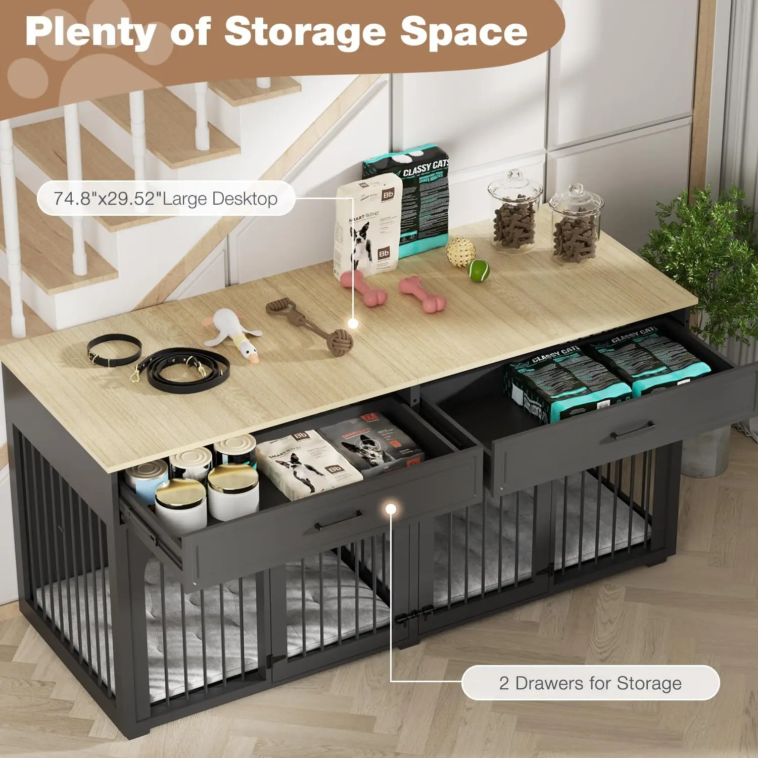 أثاث على شكل كلب مقاس 74.8 بوصة، صندوق كلب خشبي مع درجين ومقسم قابل للإزالة، حامل تلفزيون داخلي لبان الكلاب شديد التحمل