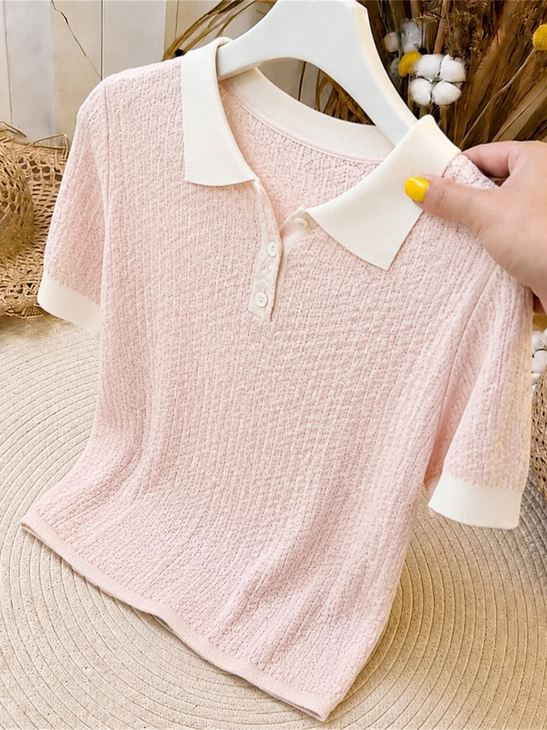 

Korean Style Neck Short Sleeve Ice Silk Knitted Slimming Commute Top Simple Summer Small Shirt Comfortable Silk Blouse