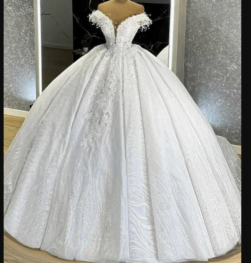 Customized   Luxury Handmade 3D Pearls Appliques Plus Size Wedding Dress Vestido De Noiva Off the Shoulder Ballgown  Bridal Gown