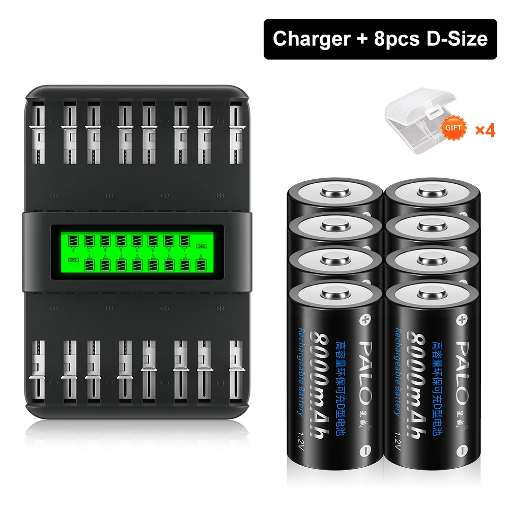 PALO 1.2V D Size NIMH Rechargeable Battery LR20 Battery R20 Type D Batteries With 16 Bays 1.2V AA AAA C D Size Battery Charger