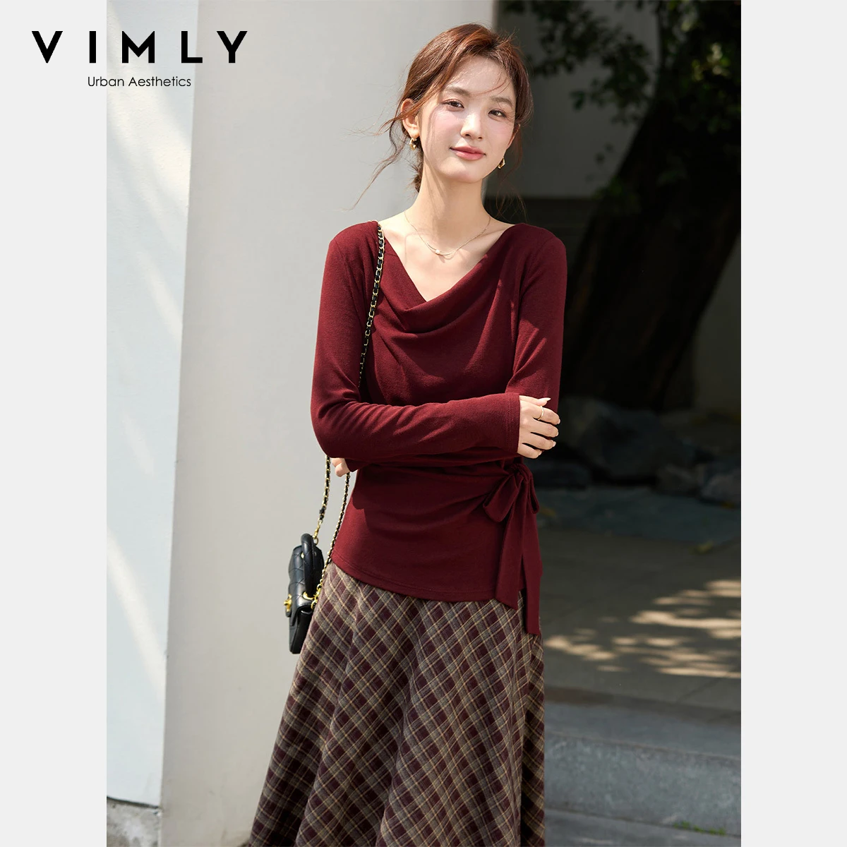 VIMLY 여성 티셔츠 캐주얼 가을 2025 사이드 타이 슬래시 넥 니트 여성 티셔츠 우아하고 섹시한 슬림 핏 긴팔 여성 상의 A3289