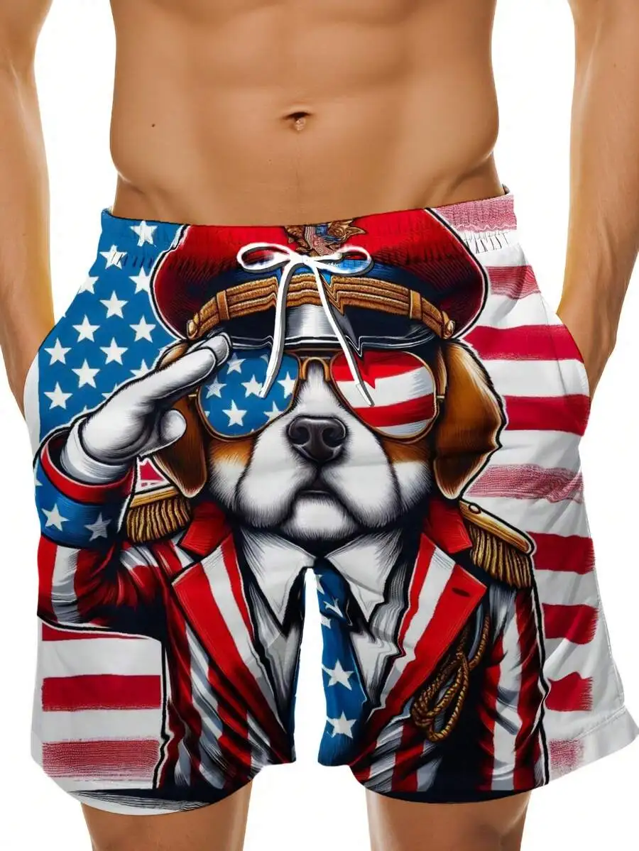 

Patriotic Dog American Flag Swim Trunks Men Beach Shorts 3D Printed