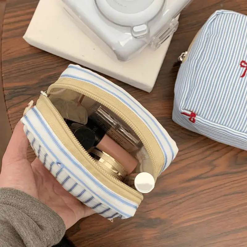 Striped Plaid Mini Makeup Bag Square Shape Cosmetic Pouch For Women Lipstick Storage Zipper Closure Embroidered Travel Organizer