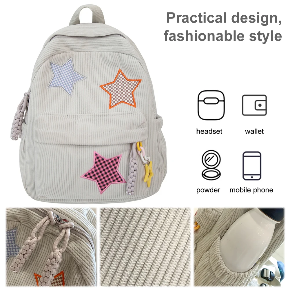 Trendy School Bag Corduroy Daypack Large Capacity for Women Book Bag Kawaii Rucksack for Outdoor Campus Travel