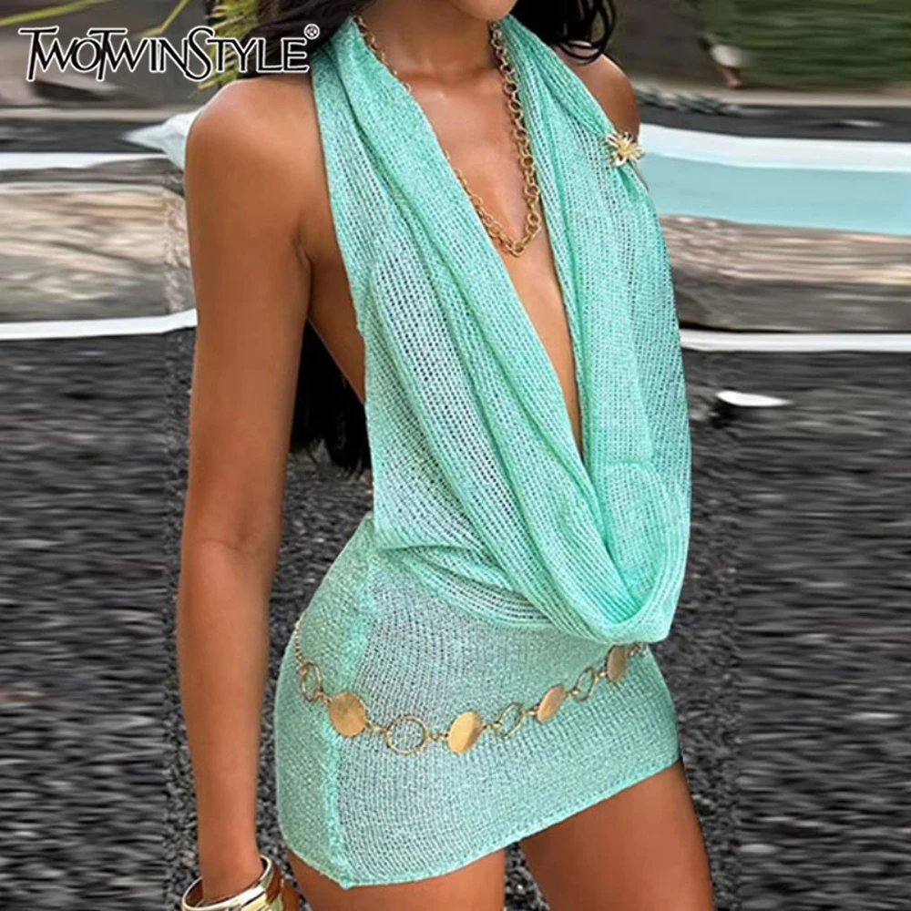 TWOTWINSTYLE Solid Loose Spliced Folds Vacation Dress for Women Halter Sleeveless Sexy Beach Dresses Female Summer Fashion New