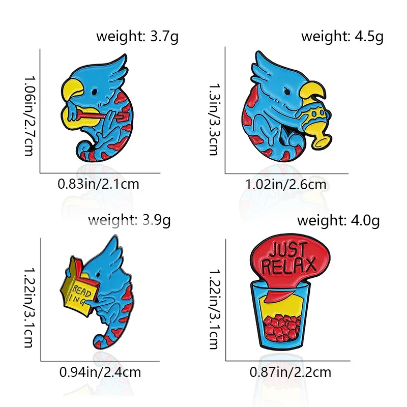 Cartoon Cute Animal Bird Enamel Pins Blue Parrot Learning to Read and Drink Cups Alloy Brooch Badge Sweet Fashion Jewelry Gift