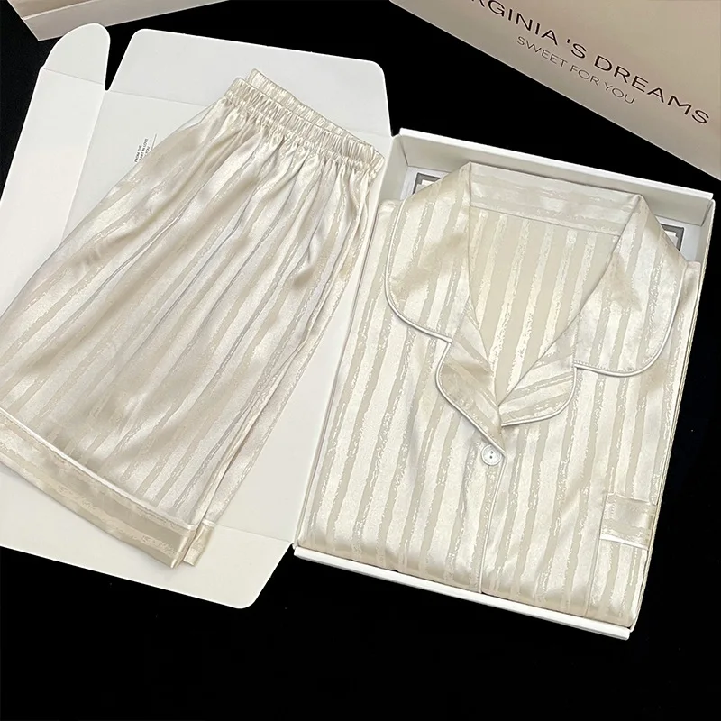 

Striped Women Pajamas Set Pijama Silk Satin Pyjamas Women Loungewear Lapel Short-sleeved Homewear Ice Silk Summer Pajamas Woman