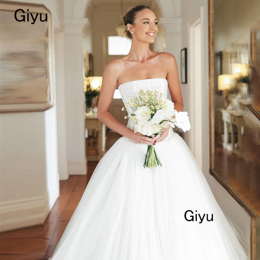 Giyu-Robe de mariée trapèze simple pour femme, tulle plissé sans bretelles, longueur au sol, robe éducative pour les patients