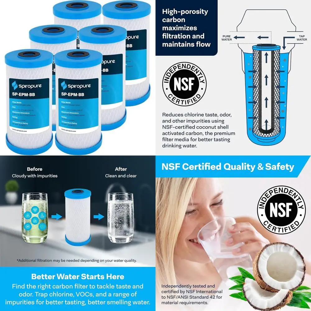 

Картридж для фильтра воды из угольного блока из скорлупы кокоса, сертифицированный, 10x4.5, 10 микрон, упаковка из 6 штук