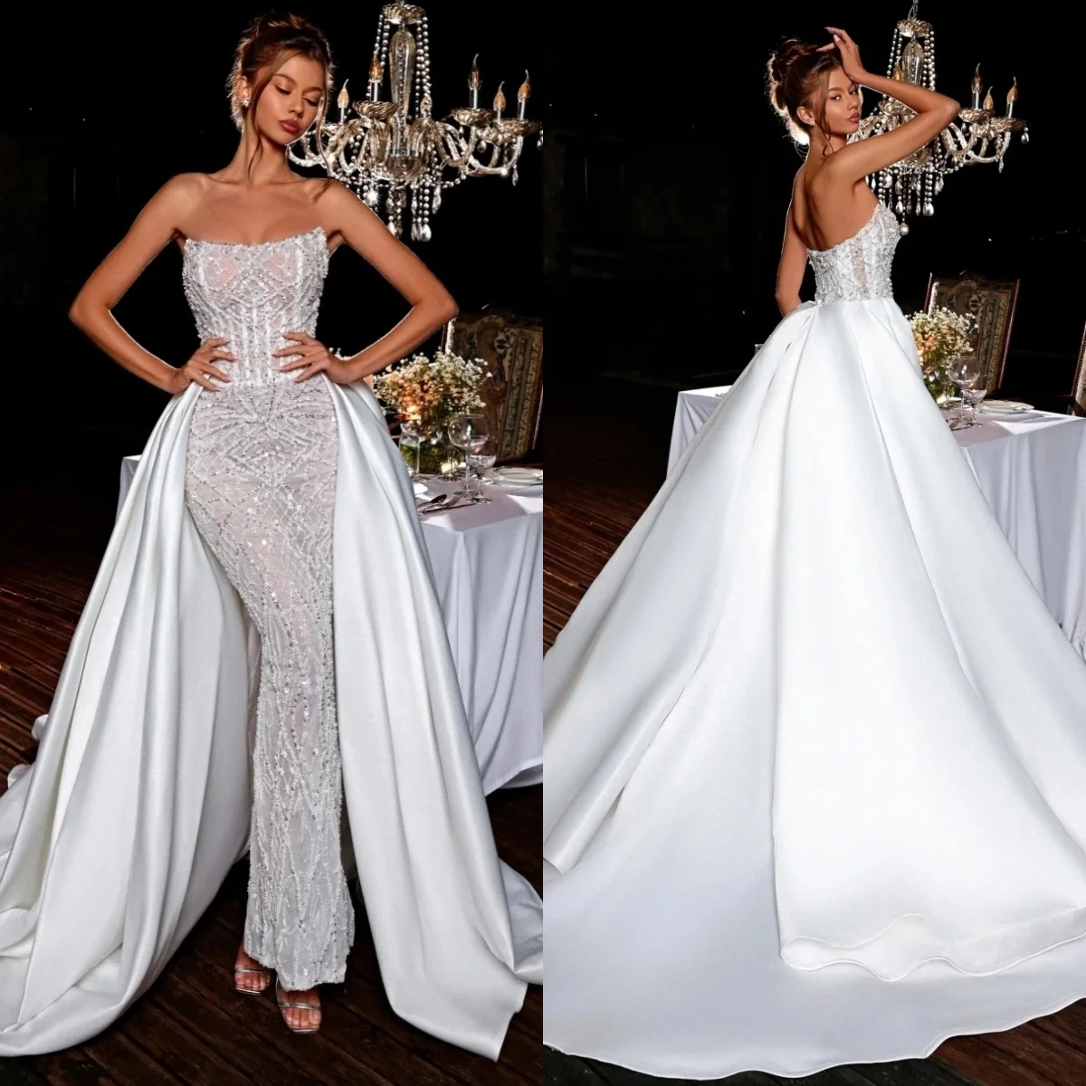 

Gorgeous Sequins Wedding Dresses Strapless Bridal Gowns Detachable Train Beading Backless Mermaid Customized Vestidos De Novia