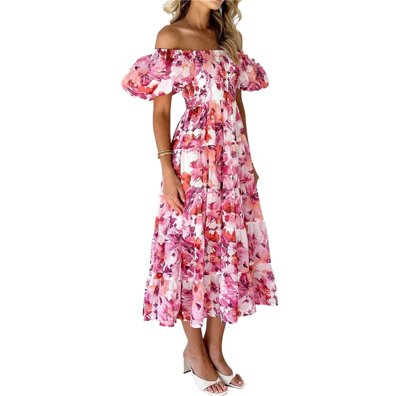 Abito longuette casual estivo da donna, manica corta gonfia, collo quadrato, smock, volant a strati Dresses-A55G