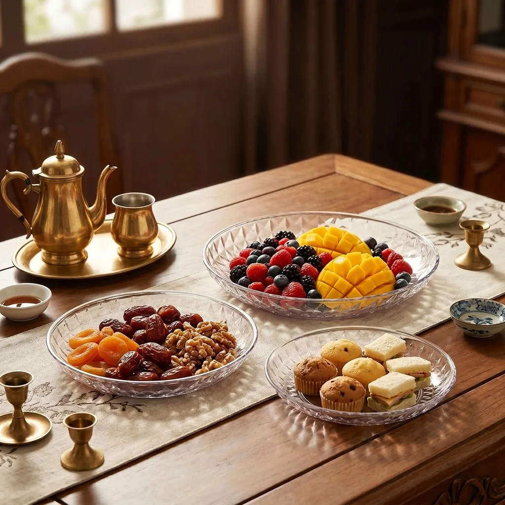 Clear Plastic Serving Tray Round Fruit Plate Shatterproof Snack Dish Stackable Dessert Bowl Food Platter Serving Dishes Tablewar