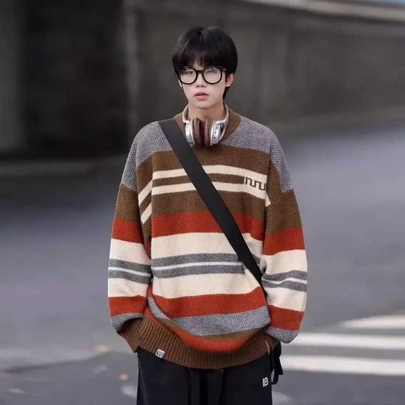 

Простой универсальный модный мужской свитер с круглым вырезом в контрастную полоску, повседневный свободный пуловер в нейтральном стиле