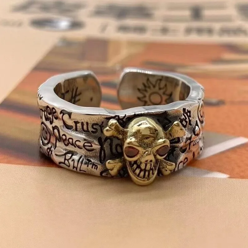 New Vintage Graffiti Skull Ring, Retro European American Style, Trendy Personality Statement Band, Versatile Fashion Jewelry