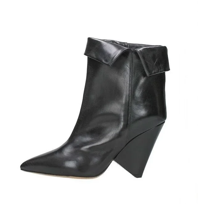 

2026 New Women Boots Black Patent Leather Pointed Toe Ankle Boots Autumn Folded Style Slip On Spike Heel Short Booties