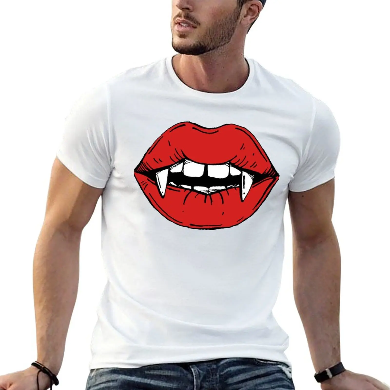 

Vampire red lips on black background T-Shirt man t shirt heavy cotton t shirts with prints T-Shirt
