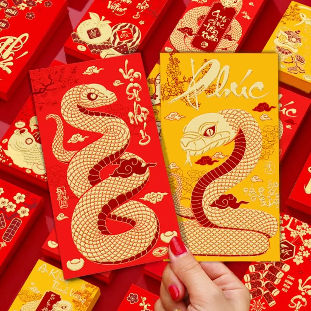 6PCS Vietnam 2025 New Year Red Envelope Best Wishes Blessing Snake Pattern Money Envelope Money Bags Spring Festival