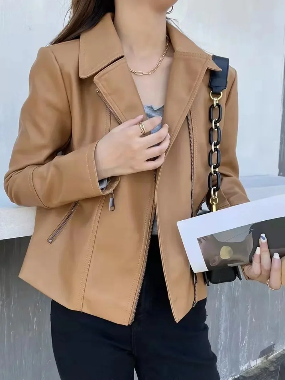 

Pu Artificial Leather Coat Short 2024 Spring and Autumn New Women Slim Handsome Motorcycle Lapel Jacket Popular High Street