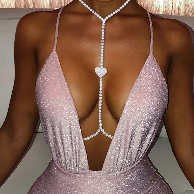 Romantic Heart Charm Y Lariat Chest Body Chain Sparkly Crystal Halter Neck Strap Sexy Deep V Outfit Jewelry For Nightclub