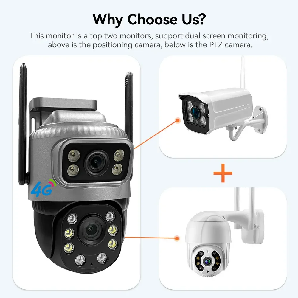 4G IP Camera With Sim Card 8MP 4K Dual Lens Outdoor Surveillance Monitor Webcam Night Vision Smart Home CCTV Security Protection