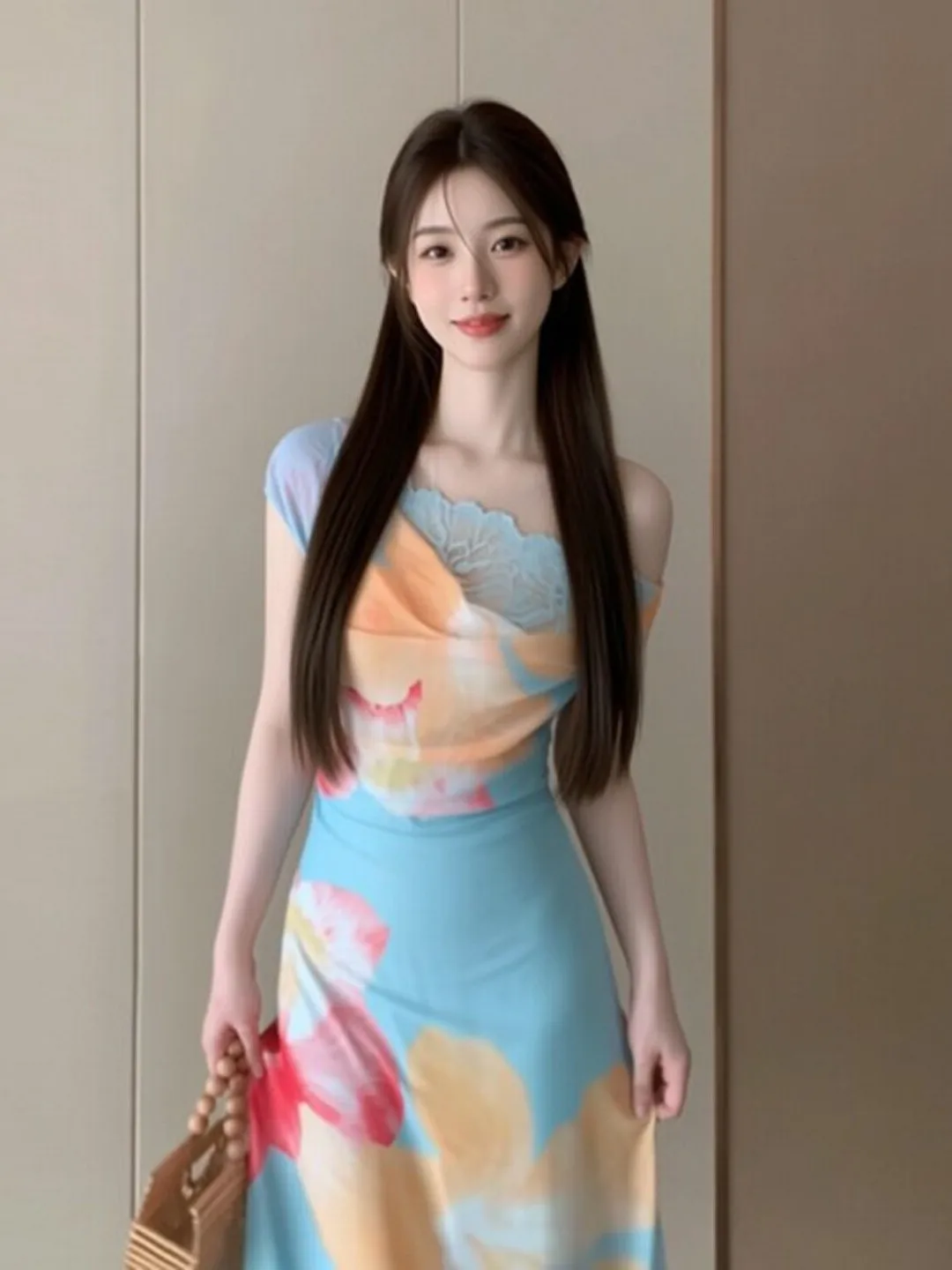 

Elegant Slant-Shoulder Waist-Cinched Bodycon Long Dress Fashionable Summer Cotton Blend No-Sleeve One-Piece for Women