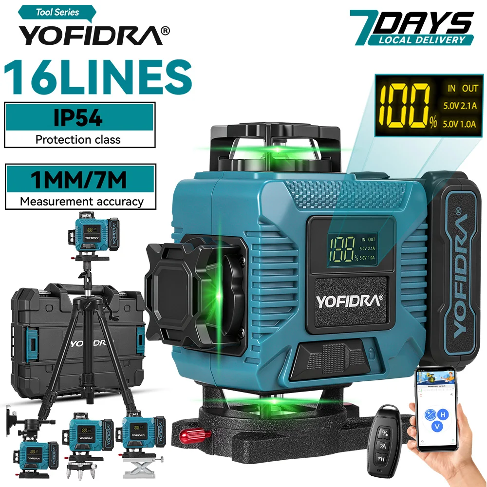 Niveaux laser 4D YOFIDRA 16 lignes avec trépied de 1 m, auto-nivelant 360° °   Outil de nivellement horizontal et vertical, machine de mesure laser croisée