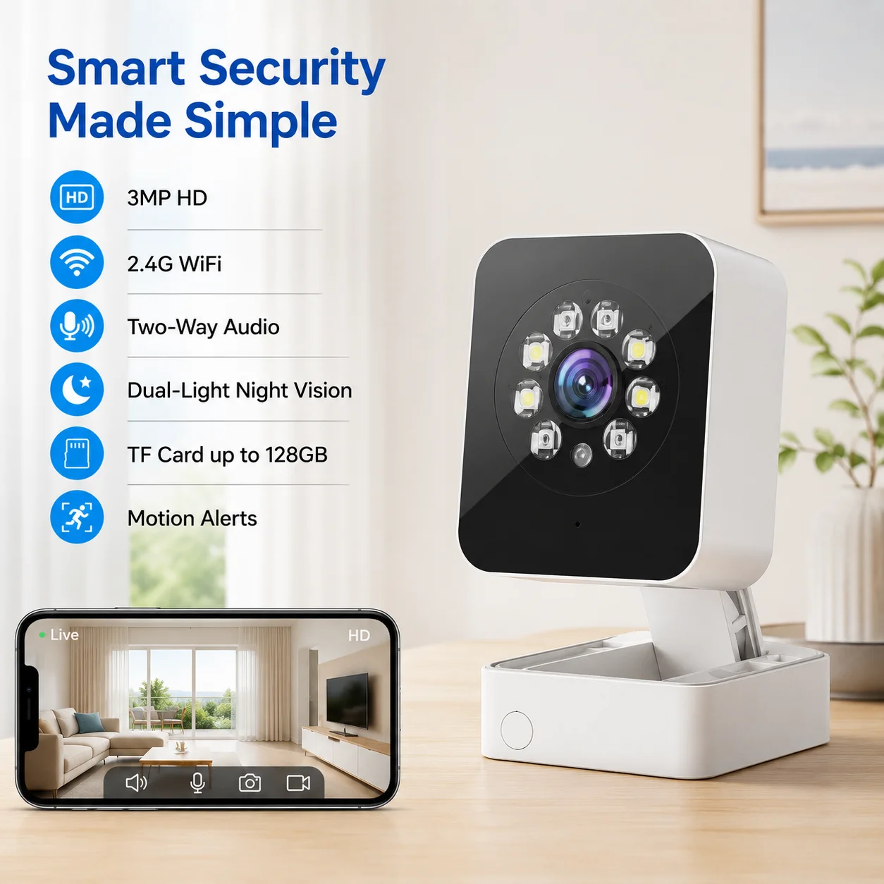 3MP Outdoor WiFi Camera with Dual-Light Night Vision, Foldable Mount IP65 Waterproof, Two-Way Talk, Free 7-Day Cloud Storage