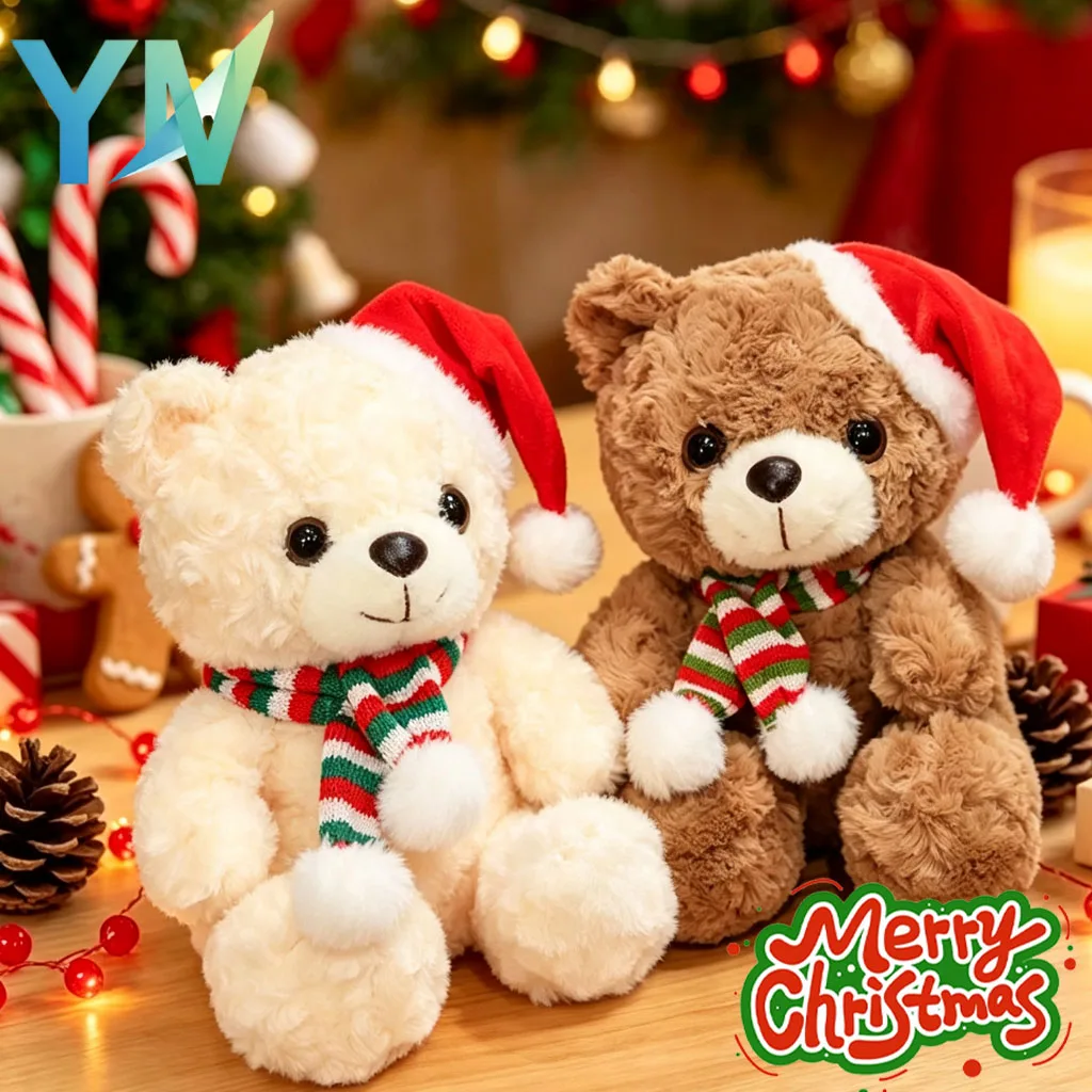 1-4PCS Christmas Bear Plush Figure Wearing Scarf Santa Hat Ornament Stuffed Toy for Festive Party Home Bedroom Gift Decor
