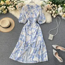 2022 Summer Spring Floral Printed V-neck Single Breasted Puff Sleeve Women Female A-line High Waist Midi Dress