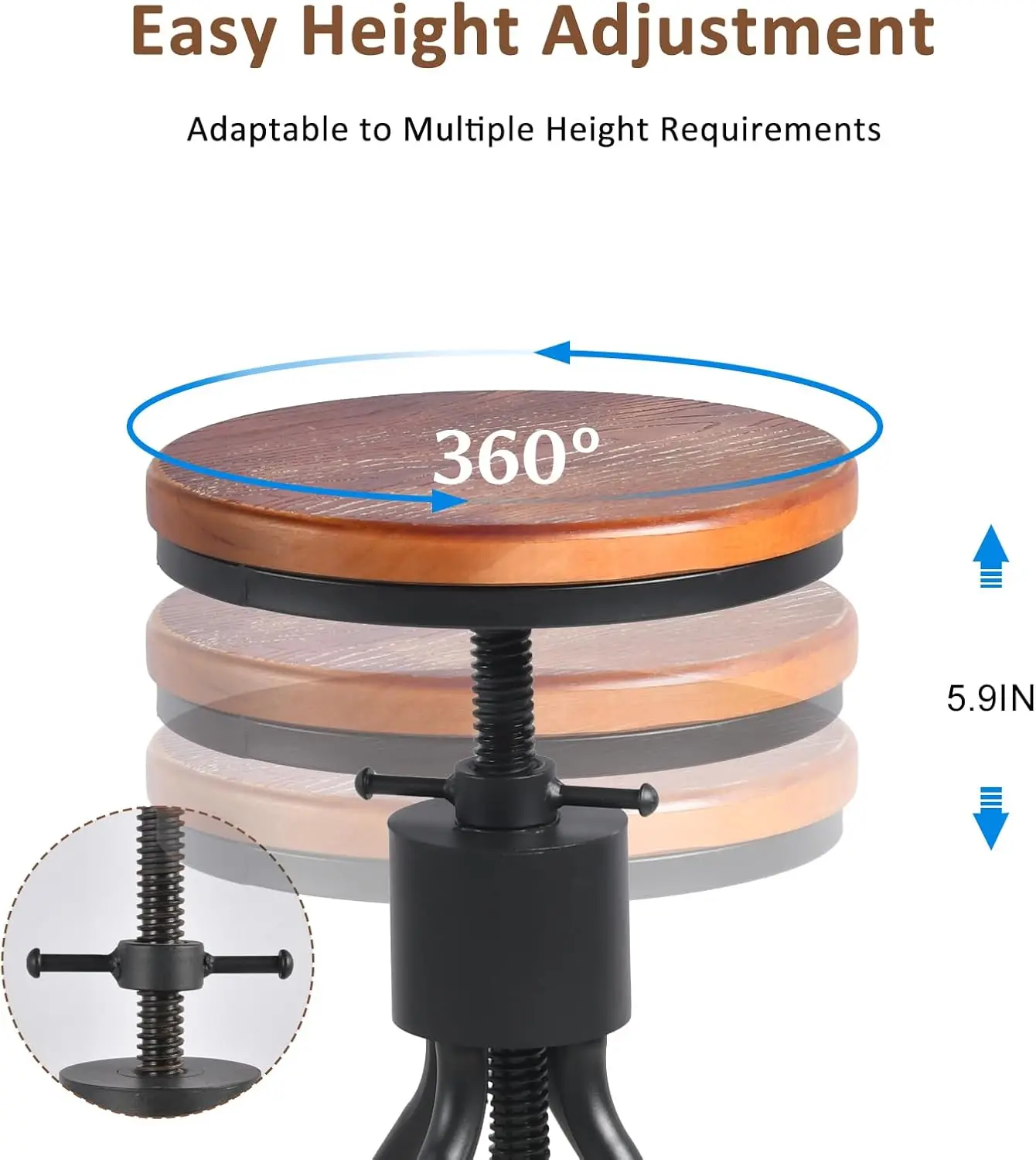 Industrial Swivel Bar Stool Set of 2, Adjustable Height 22-33 Inch, Rustic Vintage Design