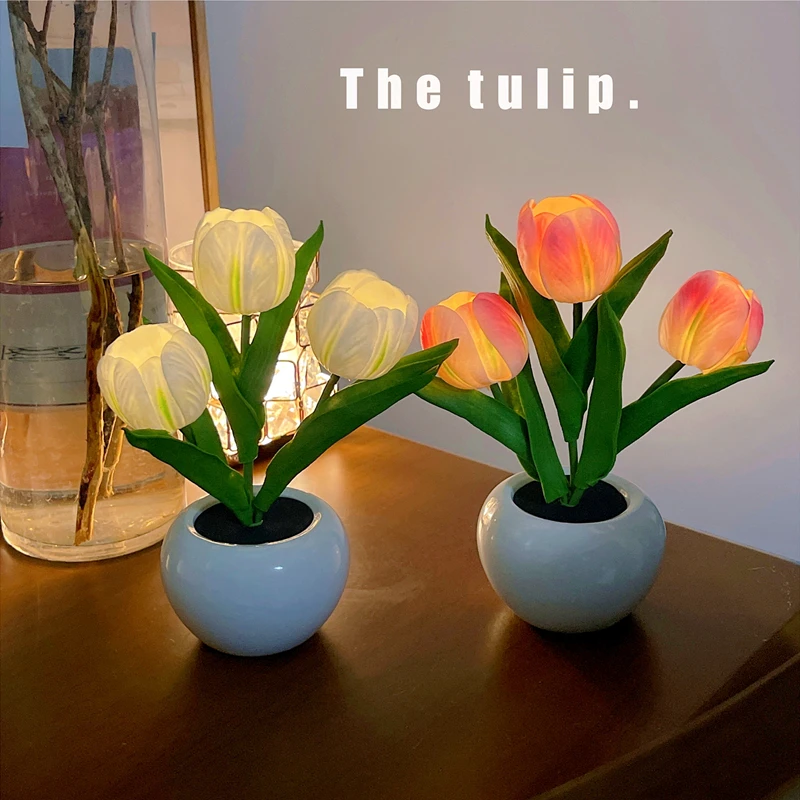 The product can be customized.Handmade Tulip Night Light Simulation Bouquet Finished Decoration Gift Box with LED Plug